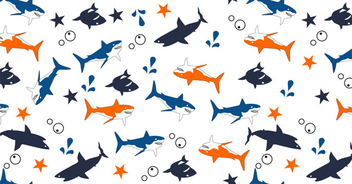 Funny Shark Random Seamless Aquatic Pattern Vector