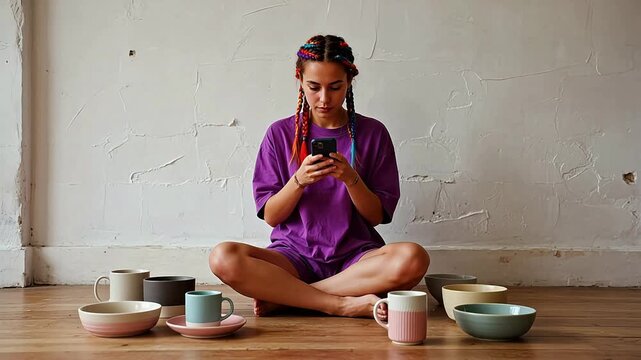 Woman sitting with cups and bowls