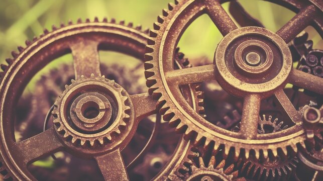 Close-up of rusted metal gears interlocked in a mechanical composition.