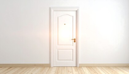 Fototapeta premium A closed white door with a golden handle and a small number plate on a light-colored wall with a wooden floor.