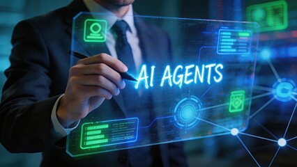Fototapeta premium Businessman writing AI AGENTS on futuristic hologram screen digital transformation artificial intelligence automation technology concept corporate innovation machine learning data analysis future tech