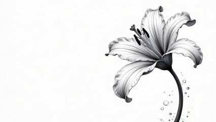 Fototapeta premium Elegant Monochrome Lily Blossom with Delicate Water Droplets, a Stunning Botanical Illustration Perfect for Print or Digital Design