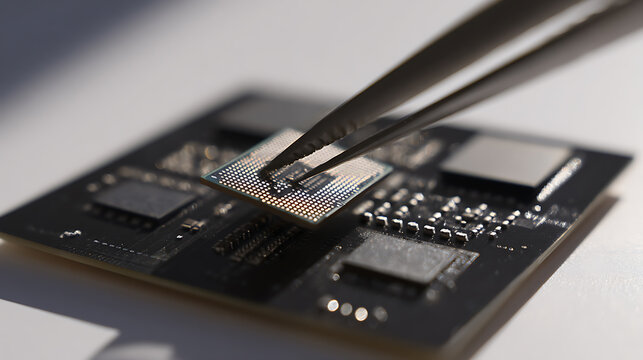 Close up view of metal tweezers holding a small computer chip above a dark circuit board, symbolizing microelectronics assembly and high technology