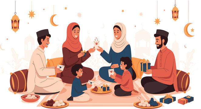 Happy Muslim Family Celebrating Eid Mubarak or Ramadan Kareem Together While Exchanging Gifts and Eating Traditional Food with Lanterns and Mosque Background Illustration