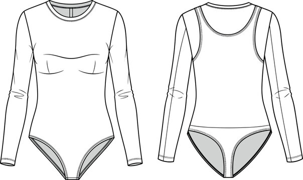 Long Sleeve Bodice Leotard Vector Technical Sketch Front and Back View Women Crew Neck Bodysuit Fashion Flat Template Clothing Design
