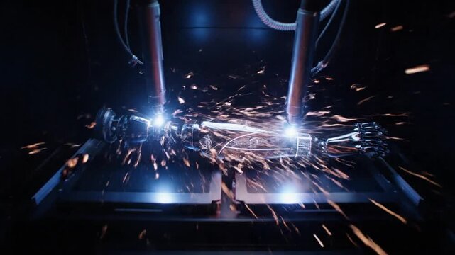 Welding sparks fly as two robotic arms work on a metal object in an industrial setting.