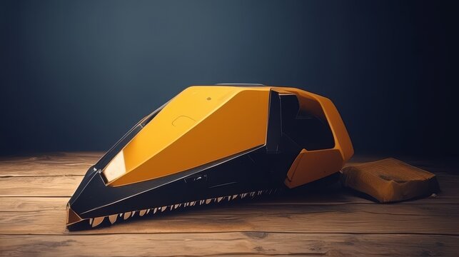 A futuristic yellow and black robotic device, sleek and modern, resting on a wooden surface with dramatic lighting.