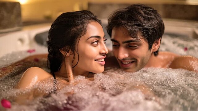 A happy young Indian couple spends time together in a luxurious jacuzzi at a hotel spa. The woman and man relax during a romantic getaway