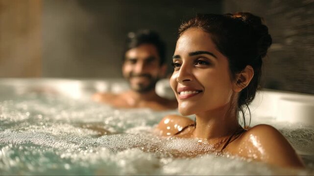 A happy young Indian couple spends time together in a luxurious jacuzzi at a hotel spa. The woman and man relax during a romantic getaway
