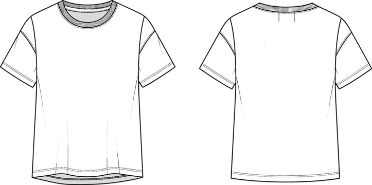 White Crew Neck Boxy Oversized T-Shirt Technical Flat Sketch Fashion Vector Illustration Template Front and Back View for Tech Pack
