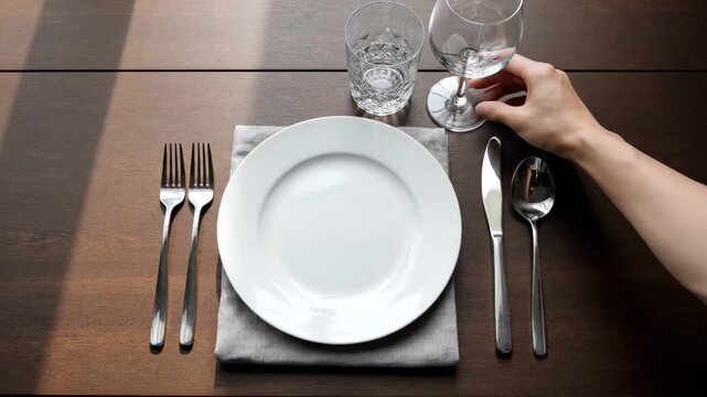 A person hand setting a wine glass on a wooden table alongside a clean plate and polished cutlery.