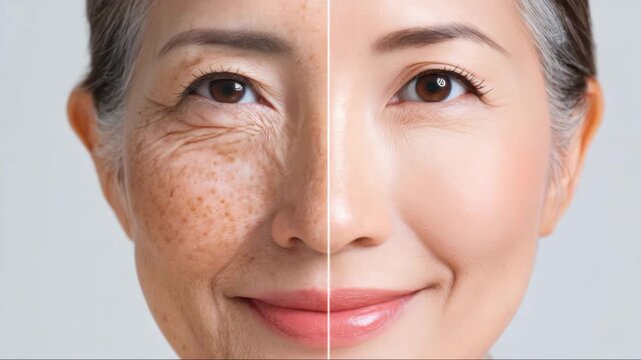 Smiling Asian mature woman. The face is divided into halves, aging skin with wrinkles and age spots next to smooth youthful complexion. Concept: the aging process and beauty treatments