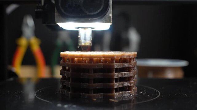 A 3D printer creates a chocolate cake in a workshop environment.