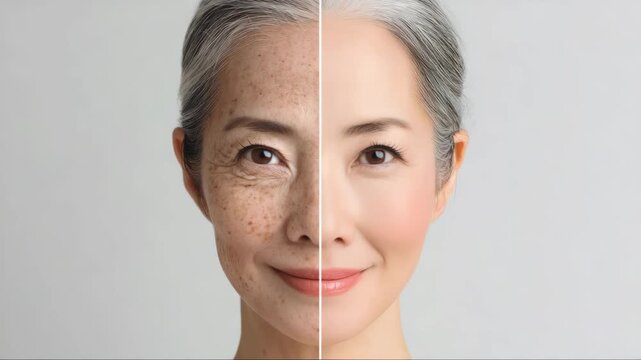 Smiling Asian mature woman. The face is divided into halves, aging skin with wrinkles and age spots next to smooth youthful complexion. Concept: the aging process and beauty treatments