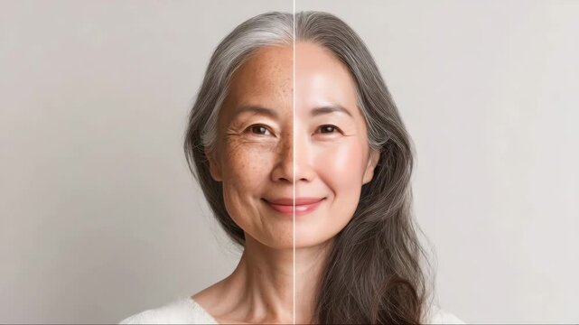 Smiling Asian mature woman. The face is divided into halves, aging skin with wrinkles and age spots next to smooth youthful complexion. Concept: the aging process and beauty treatments