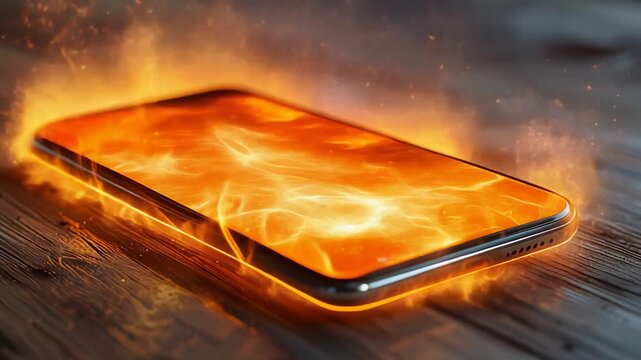Burning smartphone on a wooden surface representing technology overheating and digital crisis