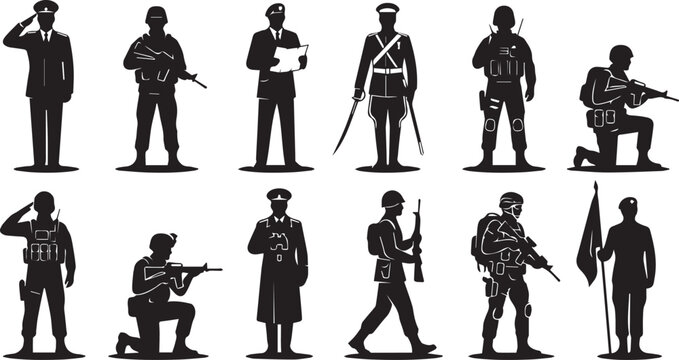 Military Soldier Silhouette Vector Icons Set: Saluting, Aiming, Marching, and Ceremonial Poses