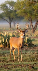 Fototapeta premium Majestic buck stands proudly in a sunlit meadow, observing surroundings.