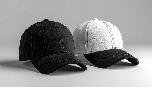 Black and White Baseball Caps on Gray Surface.
