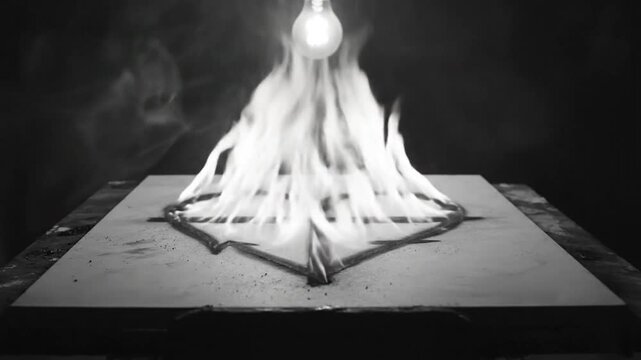 Burning heart shape lit aflame against dark background with bulb above and smoke rising.