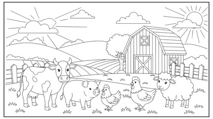 Obraz premium A peaceful farm scene with a barn animals and bright sunlight above