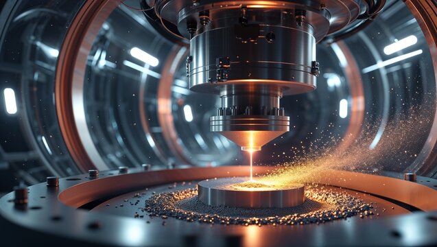 Close up of laser material processing inside industrial chamber for precision manufacturing and advanced machining concept