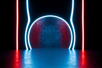 Fototapeta premium Futuristic Neon Roon with Glowing Blue and Red Lights, Sci-Fi Background