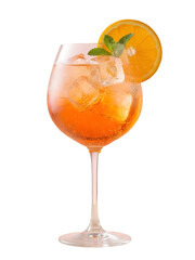 Fototapeta premium Aperol spritz cocktail in a wine glass, featuring vibrant orange hues, isolated on a transparent background. Refreshing orange cocktail with ice and mint garnish in glass 