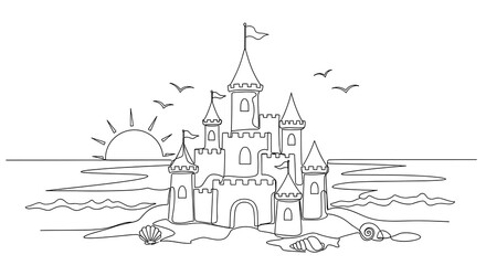 Naklejka premium Creating a Magical Sand Castle on a Sunny Beach During a Joyful Summer Vacation With Gentle Waves Lapping at the Shore and a Dazzling Sunset in the Background