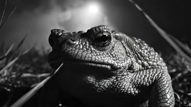 Dramatic close-up of a toad in monochrome with thorns and grass in a night scene