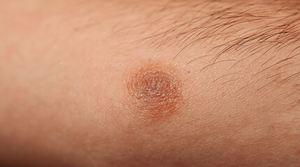 Naklejka premium Close-up of a small, textured skin lesion on an arm, showing intricate detail of the raised surface and surrounding skin hair on a neutral background