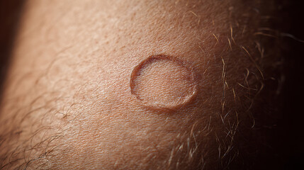 Fototapeta premium Macro image of a round mark on human skin, showing texture, hair follicles, and varying light conditions on the surface, close up detail