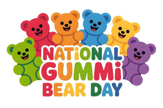 Colorful cartoon gummy bears celebrating National Gummy Bear Day illustration