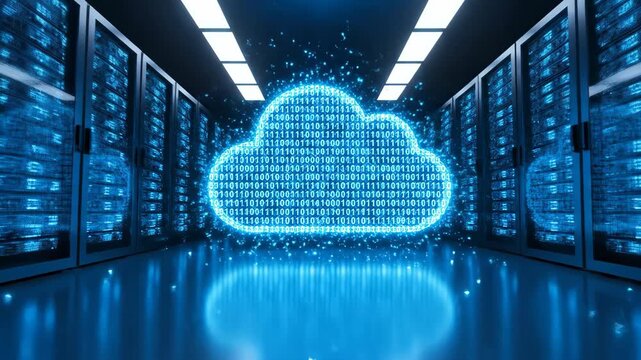 Abstract digital cloud icon made of binary code glows in a data center aisle between server racks with blue illumination and reflections.