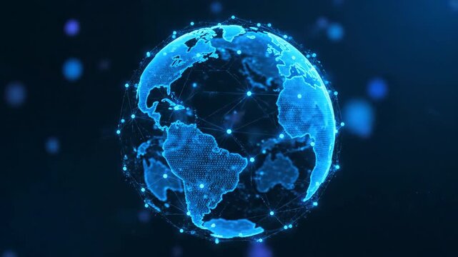 An abstract digital representation of the Earth glowing blue with interconnected nodes and floating particles against a dark, bokeh-filled background.