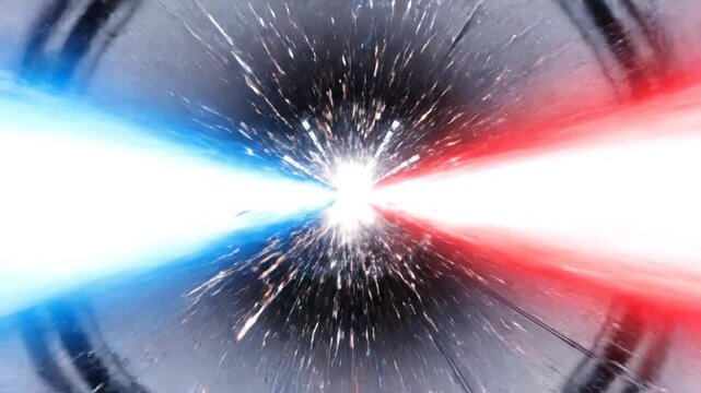 Lightsabers clash in a sci-fi duel with blue and red beams
