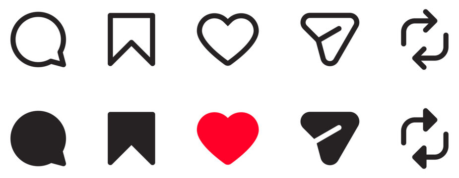 Instagram icons set, Social media interaction, notification icons including like, comment, repost, share and save icon symbol. Red like icon, favorite heart symbol