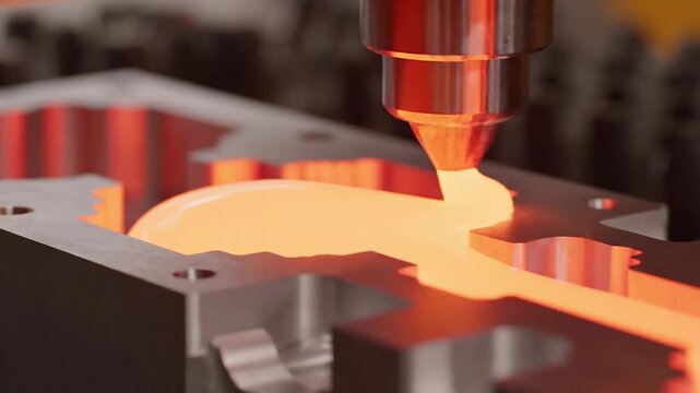 Industrial machine injects molten plastic into metal mold