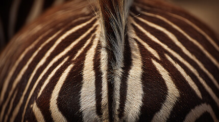 Fototapeta premium Close-up of a zebra's back showing intricate brown and white striped fur pattern and animal texture with a blurred background detail shot