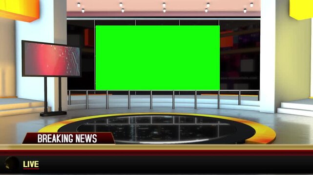 A breaking news video studio with a green screen and live broadcast setup