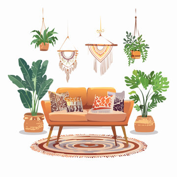 Boho Wohnzimmer mit vielen Pflanzen und warmen Naturfarben