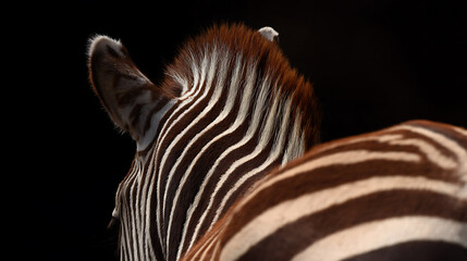 Fototapeta premium Close-up view of a zebra's back and head, showcasing its distinctive brown and white striped fur pattern and mane against a dark background