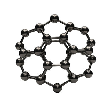 A detailed rendering of a buckyball molecule featuring metallic spheres on transparent background
