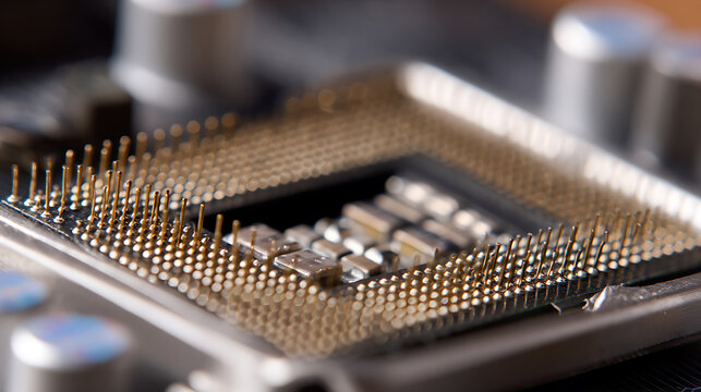 Close-up of a CPU socket with numerous small, golden pins on a motherboard, highlighting intricate electronic components and advanced technology