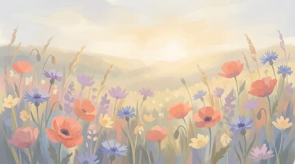Obraz premium Lush wildflower meadow bathed in the gentle glow of sunrise, a painterly vector illustration featuring colorful poppies, cornflowers, and delicate flora, evoking peaceful natural beauty