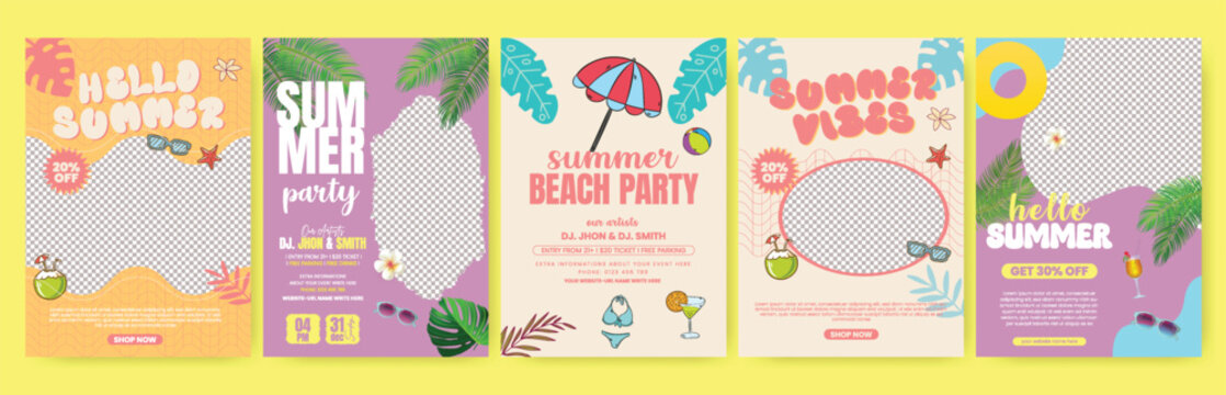 Summer beach and pool Party Flyer Poster Templates Bundle A4 Print Ready Leaflet Brochure Cover Design Layout Tropical Background Elements Travel Vacation Editable Marketing Advertising Pack Set