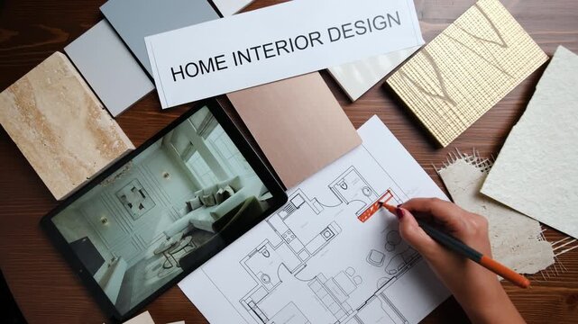 Professional architect in a business office  drawing a technical house design and material samples