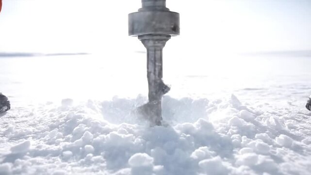 A large metal drill breaks through icy snow on a frozen lake surface.