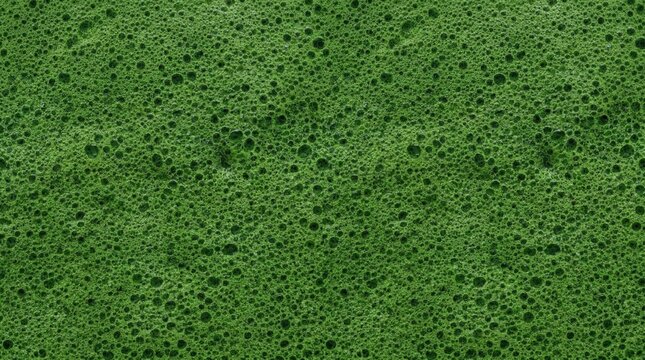Dense ceremonial matcha microfoam closeup. Fine green tea bubbles texture background concept.