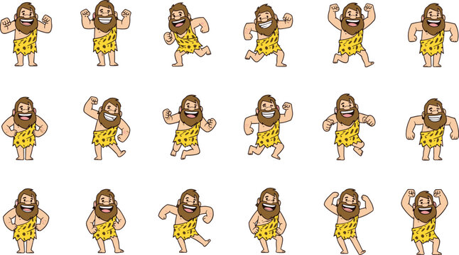 Cartoon caveman character sprite sheet with multiple dynamic poses, prehistoric man animation reference, expressive gestures and movements for game design illustration